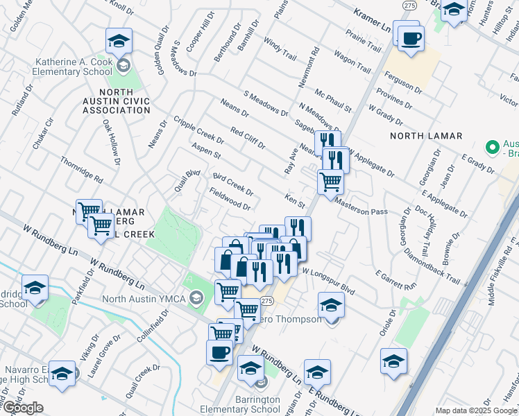 map of restaurants, bars, coffee shops, grocery stores, and more near 902 Fieldwood Drive in Austin