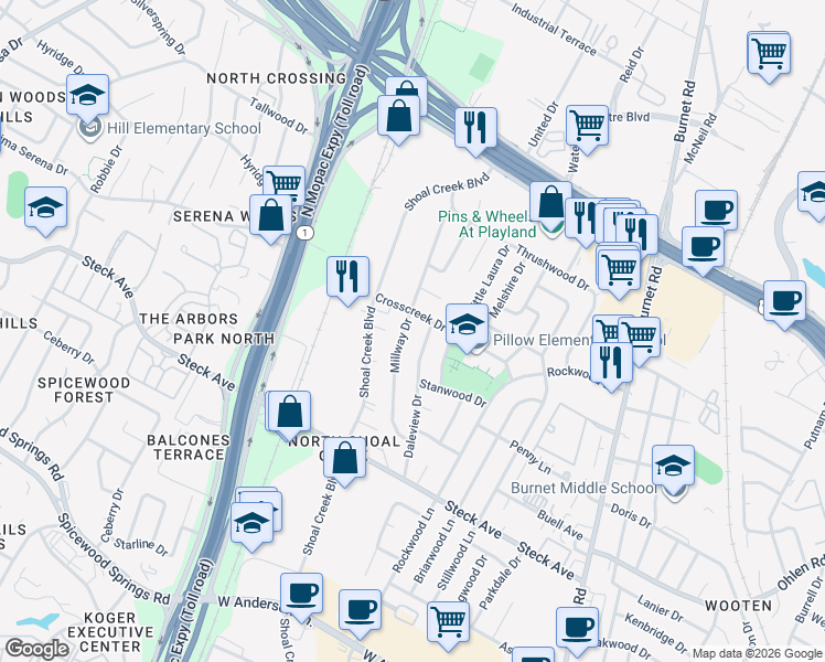 map of restaurants, bars, coffee shops, grocery stores, and more near 8510 Daleview Drive in Austin