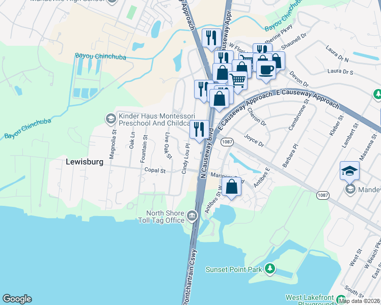 map of restaurants, bars, coffee shops, grocery stores, and more near 219 Cindy Lou Place in Mandeville