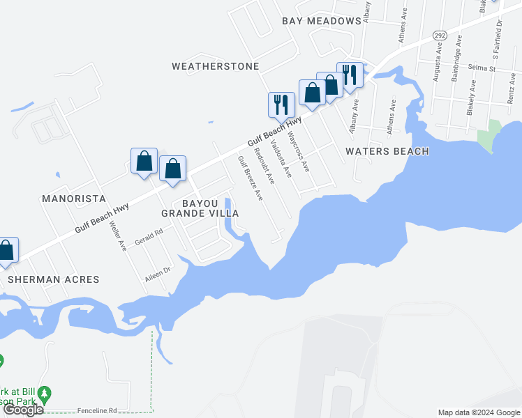 map of restaurants, bars, coffee shops, grocery stores, and more near 2509 Gulf Breeze Avenue in Pensacola