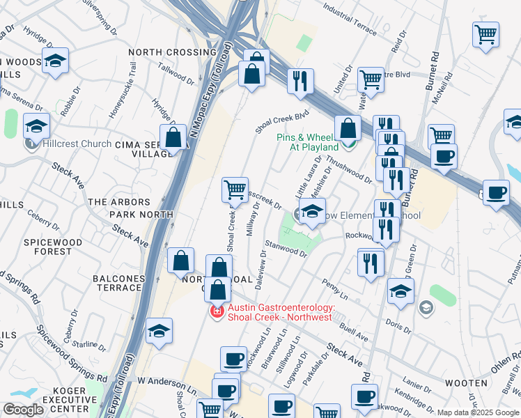 map of restaurants, bars, coffee shops, grocery stores, and more near 8510 Daleview Drive in Austin