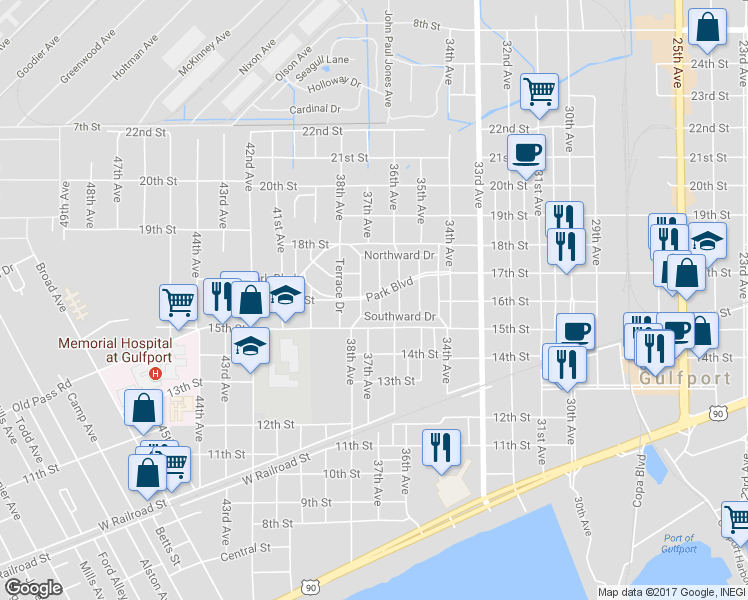 map of restaurants, bars, coffee shops, grocery stores, and more near 3701 Park Boulevard in Gulfport