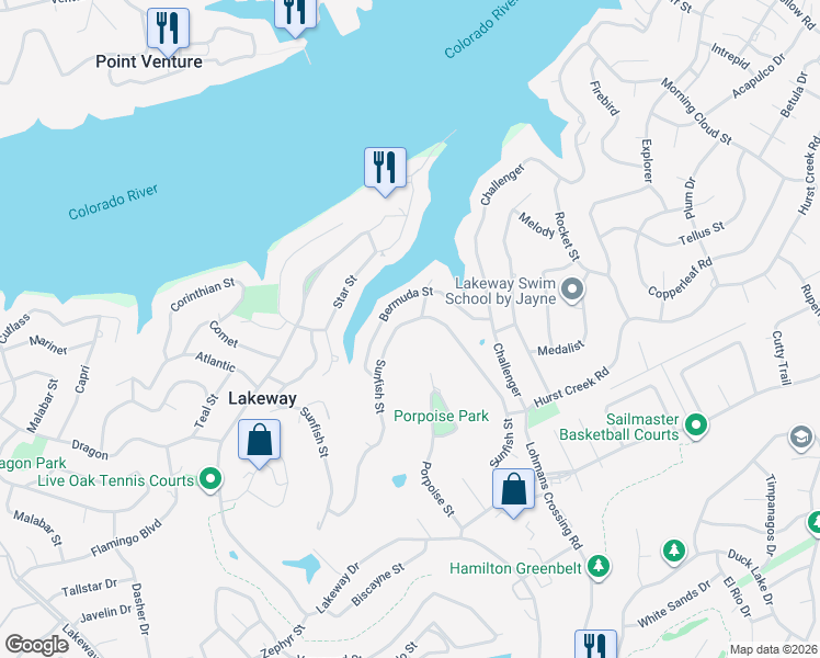map of restaurants, bars, coffee shops, grocery stores, and more near 713 Sunfish Street in Lakeway