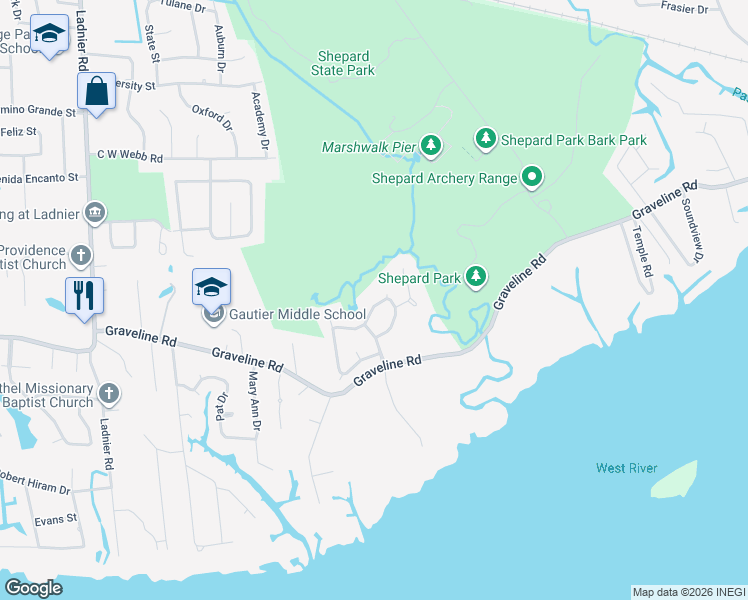 map of restaurants, bars, coffee shops, grocery stores, and more near 1508 Skyline Drive in Gautier