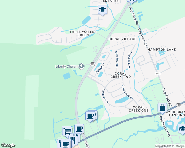 map of restaurants, bars, coffee shops, grocery stores, and more near 150 Tiger Lily Drive in Pensacola