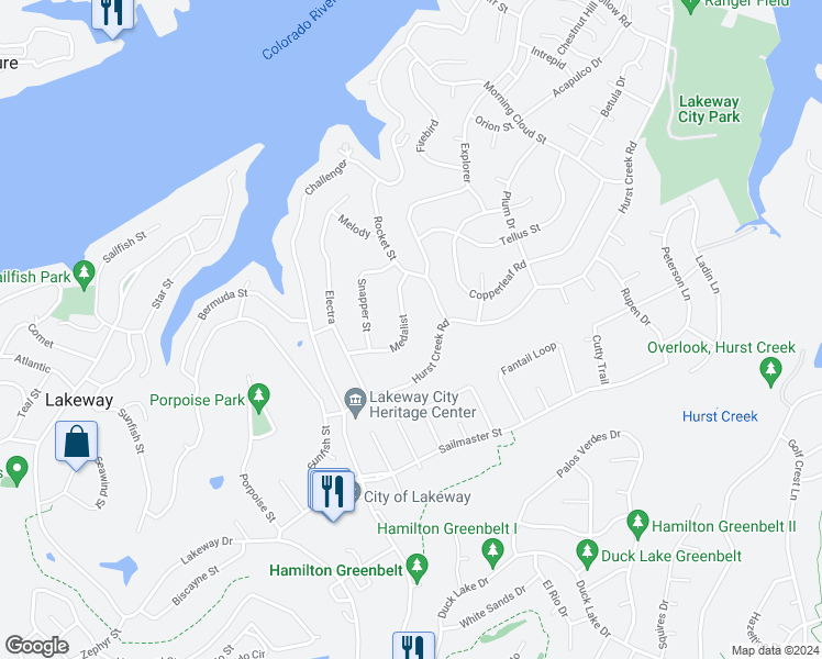 map of restaurants, bars, coffee shops, grocery stores, and more near 116 Medalist in Lakeway