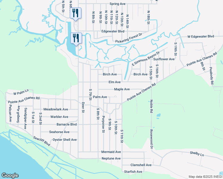 map of restaurants, bars, coffee shops, grocery stores, and more near 8708 Maple Avenue in Ocean Springs