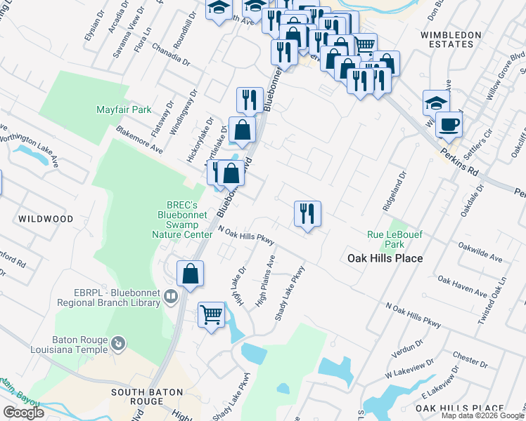 map of restaurants, bars, coffee shops, grocery stores, and more near 10733 Gatewood Drive in Baton Rouge