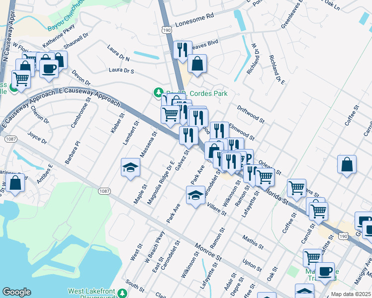 map of restaurants, bars, coffee shops, grocery stores, and more near 2900 East Causeway Approach in Mandeville