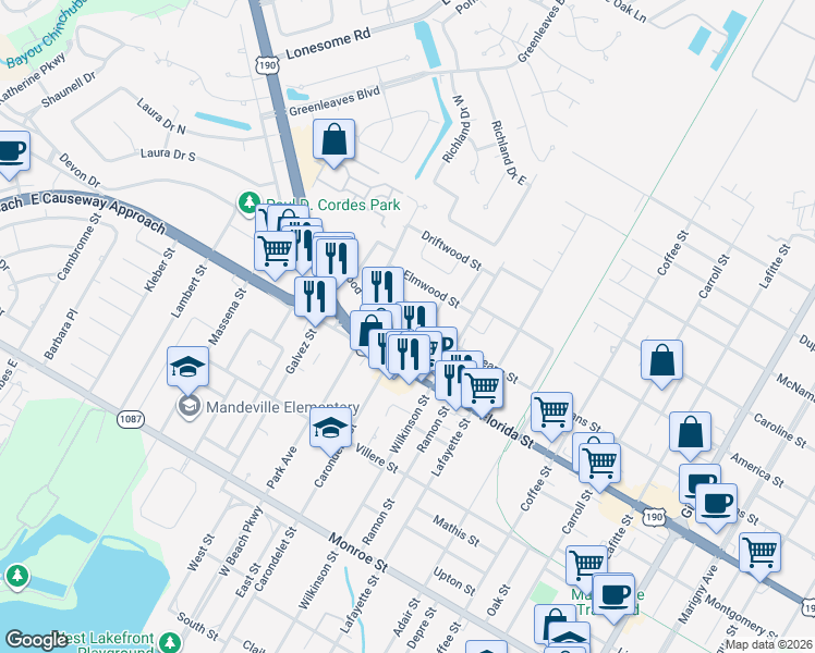 map of restaurants, bars, coffee shops, grocery stores, and more near 151 Oakwood Drive in Mandeville
