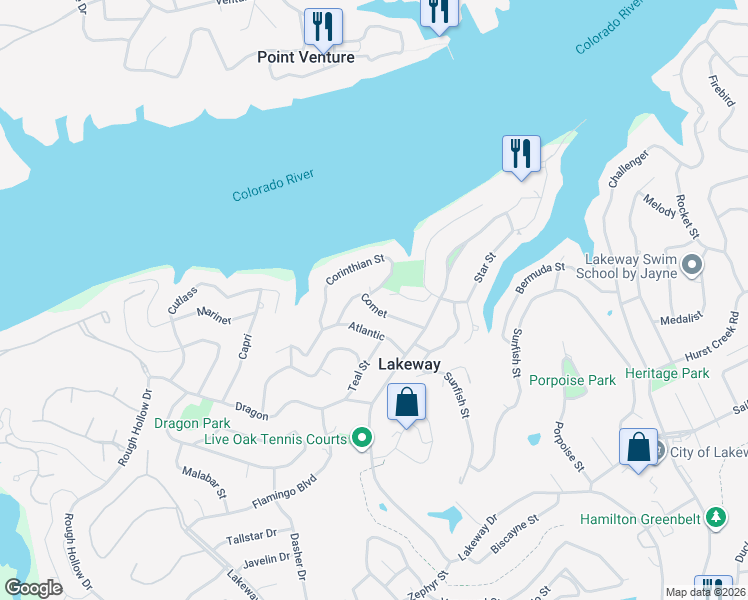 map of restaurants, bars, coffee shops, grocery stores, and more near 101 Comet in Lakeway