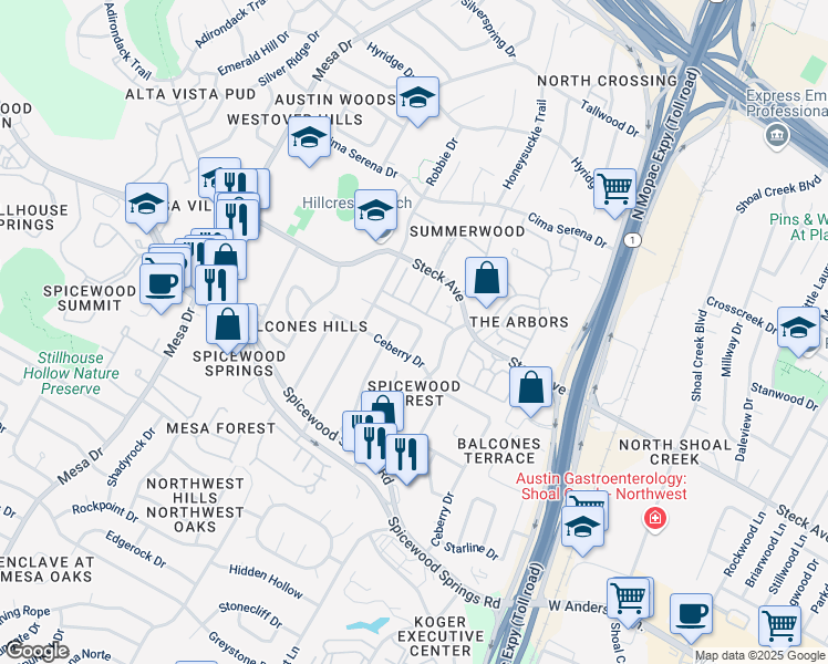 map of restaurants, bars, coffee shops, grocery stores, and more near 3507 Crowncrest Drive in Austin