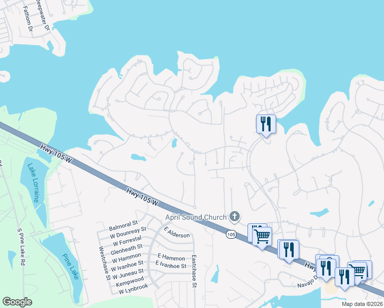 map of restaurants, bars, coffee shops, grocery stores, and more near 1117 April Waters West in Montgomery
