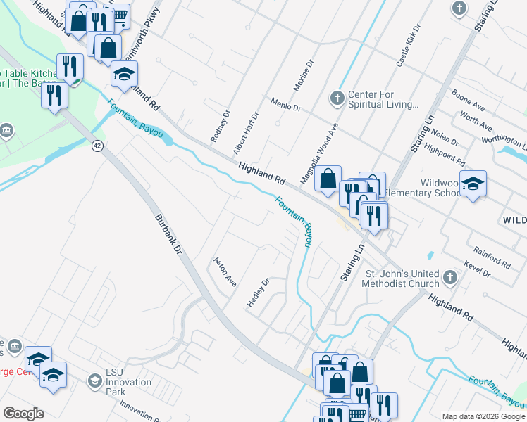 map of restaurants, bars, coffee shops, grocery stores, and more near 8633 Arabella Avenue in Baton Rouge