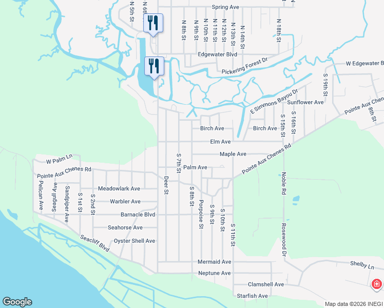 map of restaurants, bars, coffee shops, grocery stores, and more near 10306 Maple Avenue in Ocean Springs