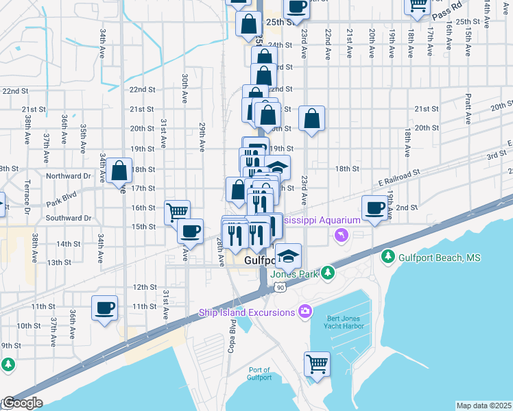 map of restaurants, bars, coffee shops, grocery stores, and more near 1617 25th Avenue in Gulfport