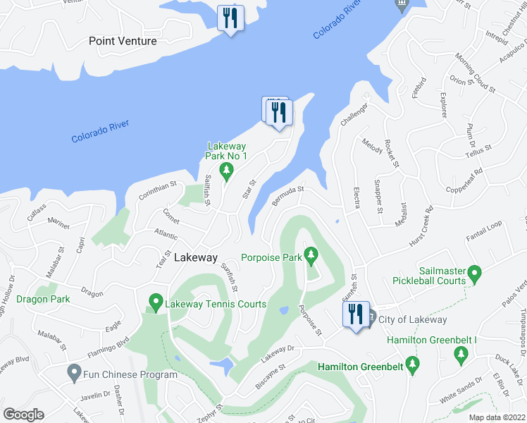 map of restaurants, bars, coffee shops, grocery stores, and more near 712 Bermuda Street in Lakeway