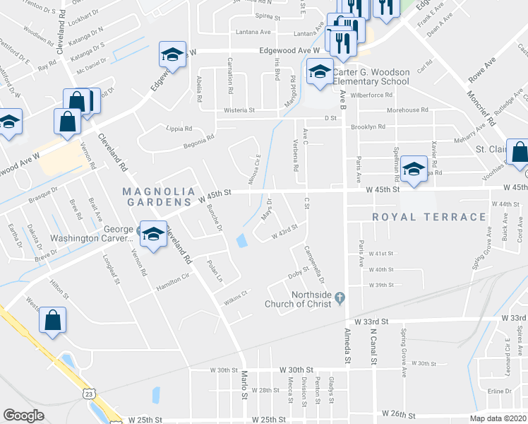 map of restaurants, bars, coffee shops, grocery stores, and more near 5350 Newcombe Road in Jacksonville
