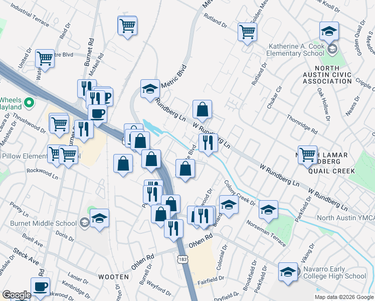 map of restaurants, bars, coffee shops, grocery stores, and more near 2117 Northgate Hills Blvd in Austin