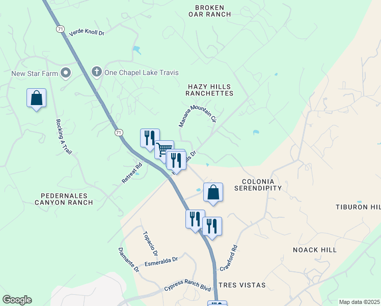 map of restaurants, bars, coffee shops, grocery stores, and more near 4300 Hazy Hills Drive in Spicewood