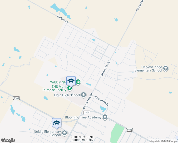 map of restaurants, bars, coffee shops, grocery stores, and more near 14405 Boomtown Way in Elgin