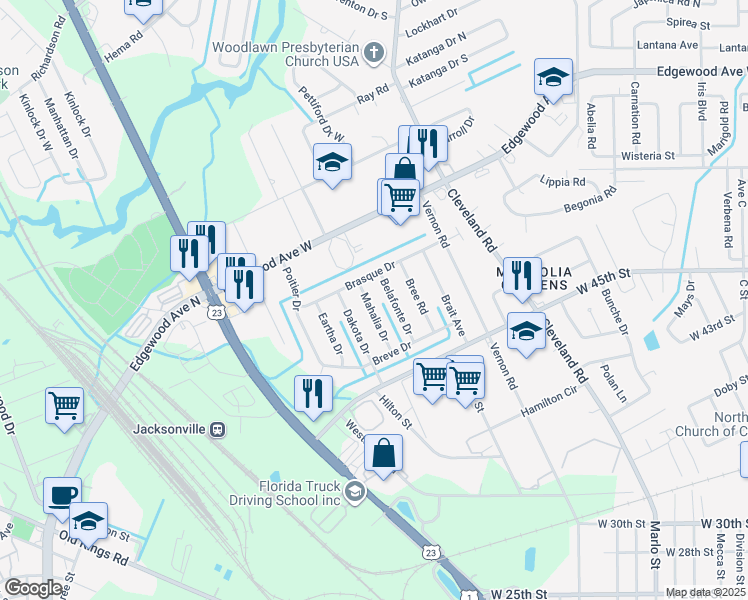 map of restaurants, bars, coffee shops, grocery stores, and more near 5637 Mahalia Drive in Jacksonville
