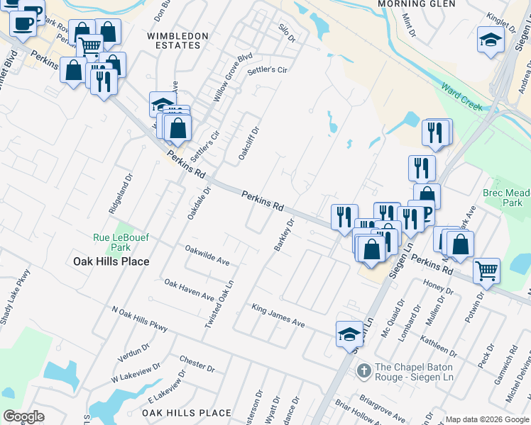 map of restaurants, bars, coffee shops, grocery stores, and more near 920 East Tom Stokes Court in Baton Rouge