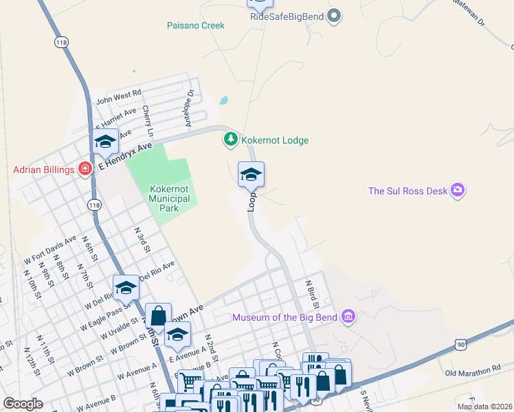 map of restaurants, bars, coffee shops, grocery stores, and more near 1012 Loop Road in Alpine