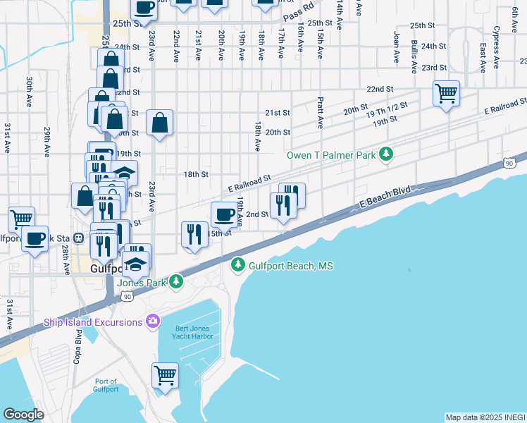 map of restaurants, bars, coffee shops, grocery stores, and more near 1600 18th Avenue in Gulfport