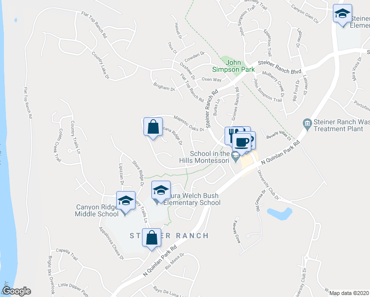 map of restaurants, bars, coffee shops, grocery stores, and more near 2827 Lantana Ridge Drive in Austin