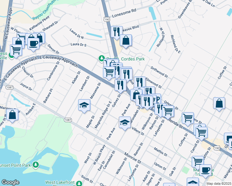 map of restaurants, bars, coffee shops, grocery stores, and more near 2900 East Causeway Approach in Mandeville