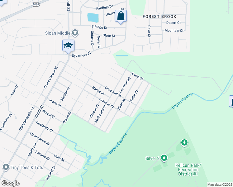 map of restaurants, bars, coffee shops, grocery stores, and more near 525 Chevreuil Street in Mandeville