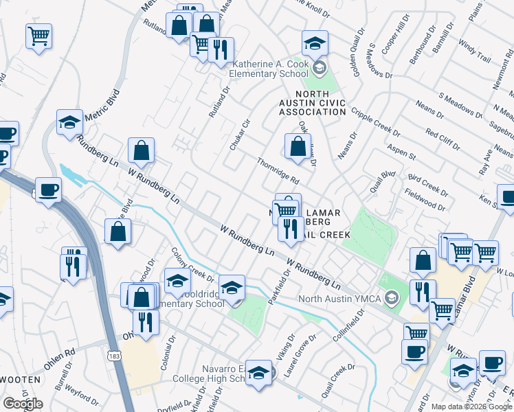 map of restaurants, bars, coffee shops, grocery stores, and more near 1501 Rutland Drive in Austin