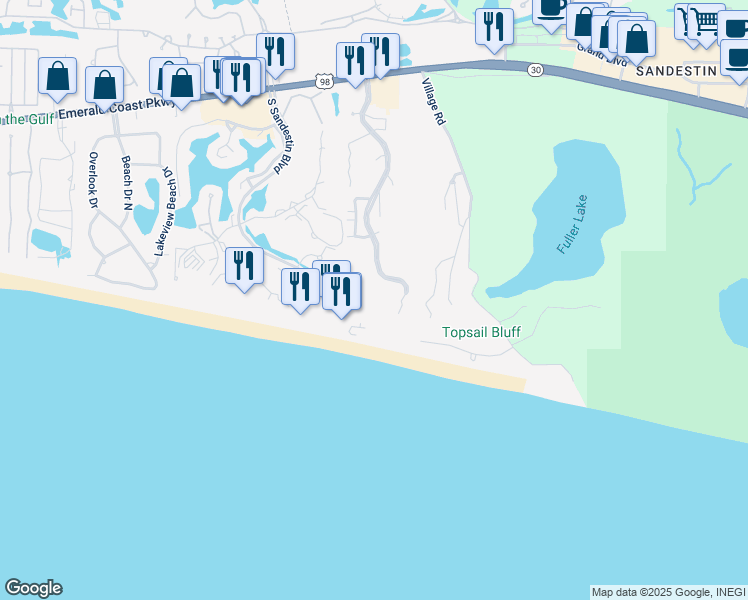 map of restaurants, bars, coffee shops, grocery stores, and more near 550 Tops'l Beach Boulevard in Miramar Beach