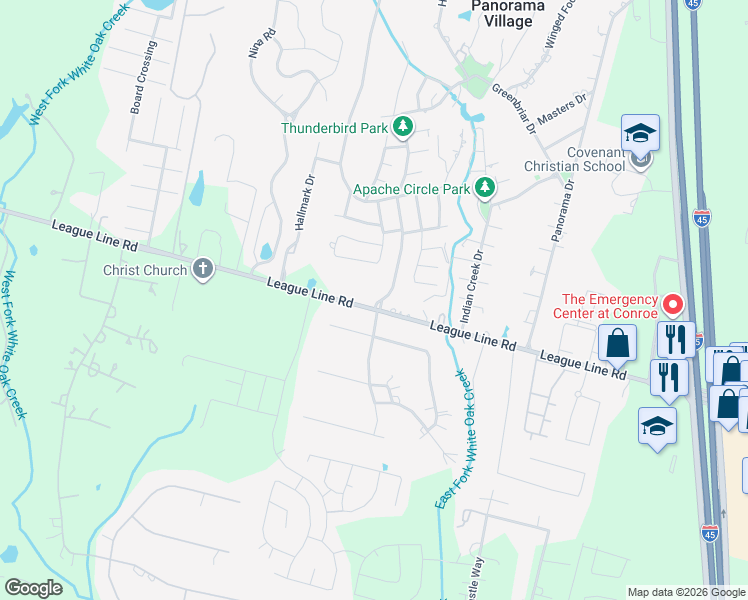 map of restaurants, bars, coffee shops, grocery stores, and more near 186 Thunderbird Drive in Conroe