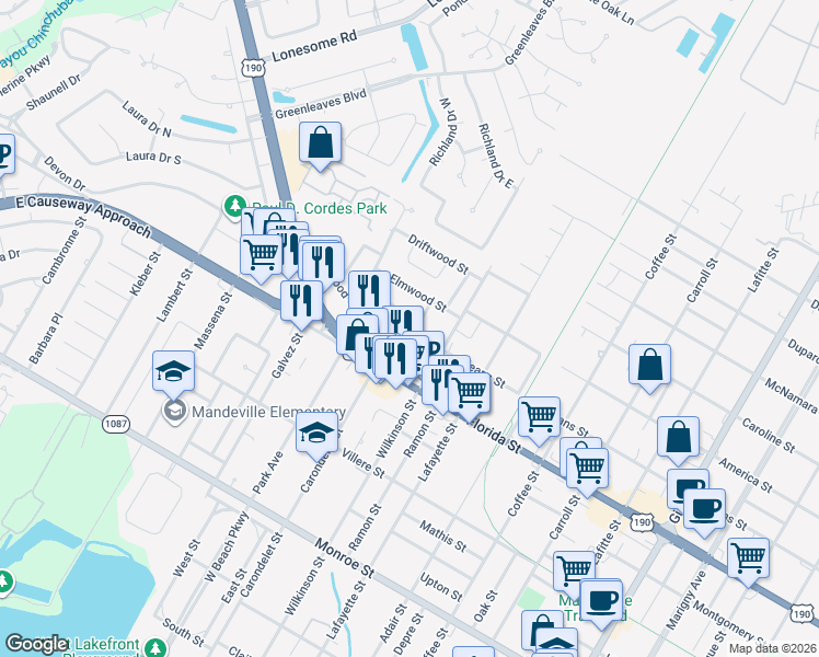 map of restaurants, bars, coffee shops, grocery stores, and more near 151 Oakwood Drive in Mandeville