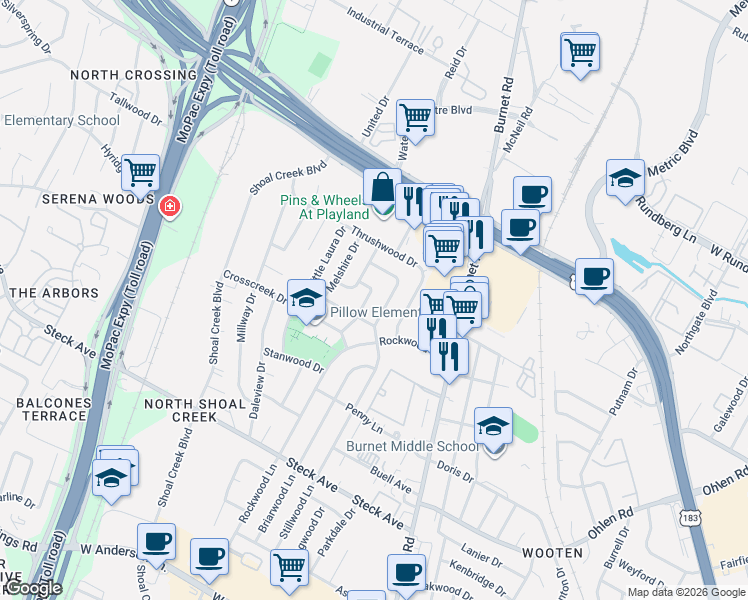 map of restaurants, bars, coffee shops, grocery stores, and more near 8613 Winding Walk in Austin