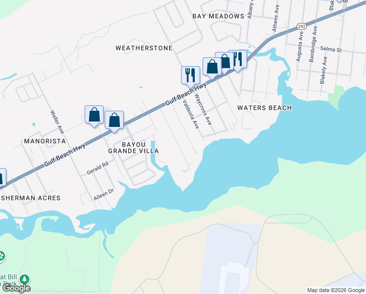 map of restaurants, bars, coffee shops, grocery stores, and more near 2512 Gulf Breeze Avenue in Pensacola