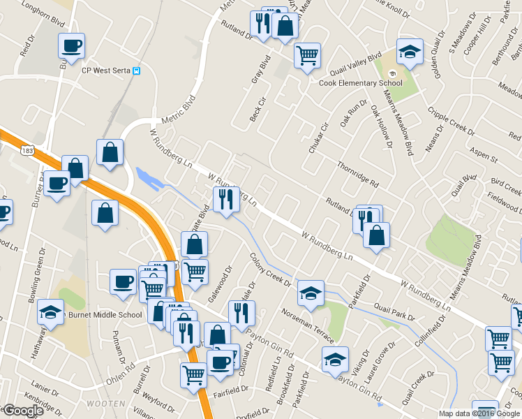 map of restaurants, bars, coffee shops, grocery stores, and more near W Rundberg Ln & Singing Quail Dr in Austin
