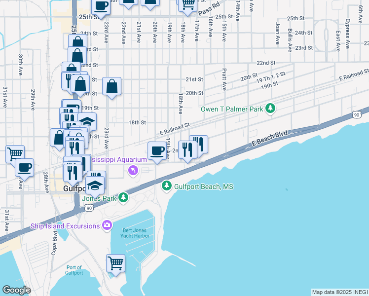 map of restaurants, bars, coffee shops, grocery stores, and more near 1600 18th Avenue in Gulfport