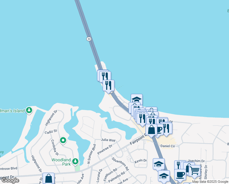 map of restaurants, bars, coffee shops, grocery stores, and more near 55 Bay Bridge Drive in Gulf Breeze