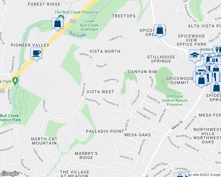 map of restaurants, bars, coffee shops, grocery stores, and more near 7601 Downridge Drive in Austin