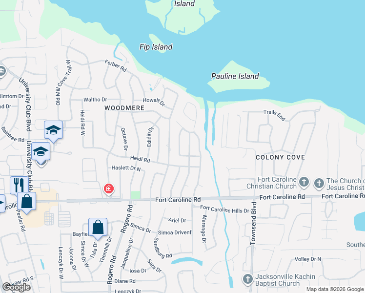 map of restaurants, bars, coffee shops, grocery stores, and more near 3837 Tara Hall Drive in Jacksonville