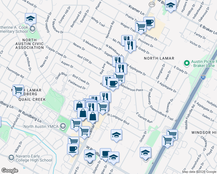 map of restaurants, bars, coffee shops, grocery stores, and more near 10100 North Lamar Boulevard in Austin