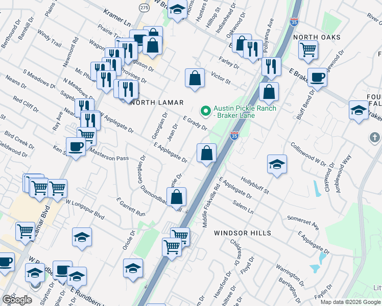 map of restaurants, bars, coffee shops, grocery stores, and more near 10506 Brownie Drive in Austin