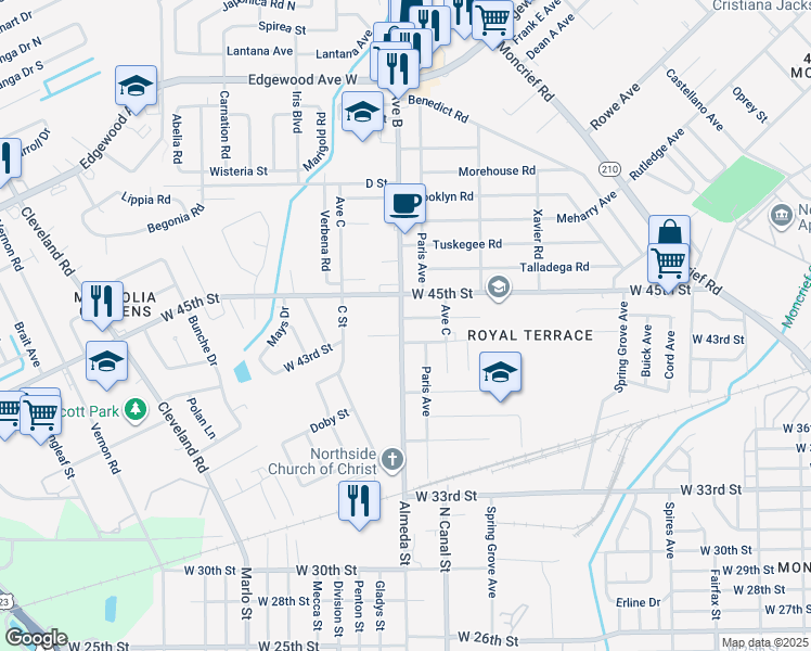 map of restaurants, bars, coffee shops, grocery stores, and more near 2268 West 44th Street in Jacksonville