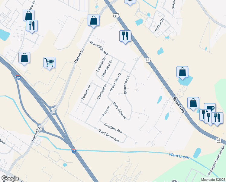 map of restaurants, bars, coffee shops, grocery stores, and more near 8727 Grand View Drive in Baton Rouge