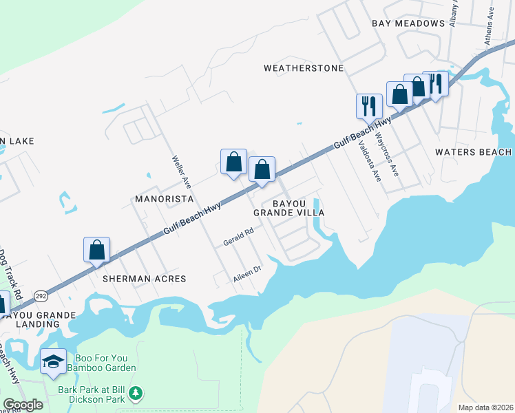 map of restaurants, bars, coffee shops, grocery stores, and more near 8525 San Juan Calzada in Pensacola