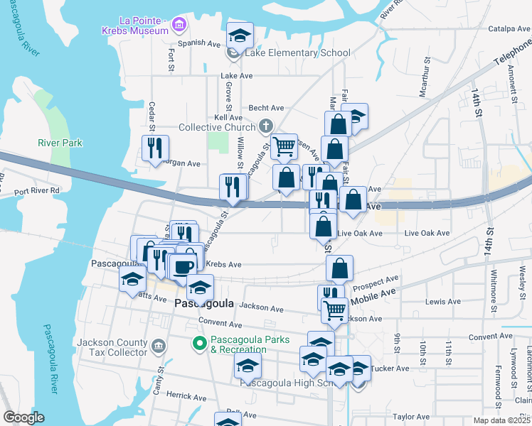 map of restaurants, bars, coffee shops, grocery stores, and more near 1012 Denny Avenue in Pascagoula