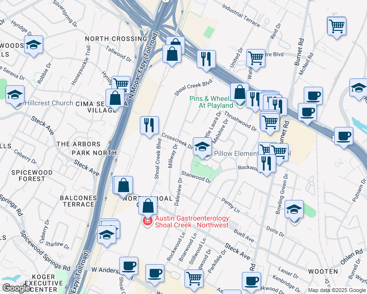 map of restaurants, bars, coffee shops, grocery stores, and more near 8510 Daleview Drive in Austin